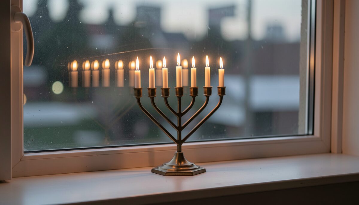 Chanukiah with nine candles on a windowsill at dusk, reflections on the glass