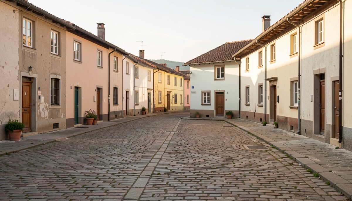 Old village square with cobblestones and simple houses lit by late afternoon sun