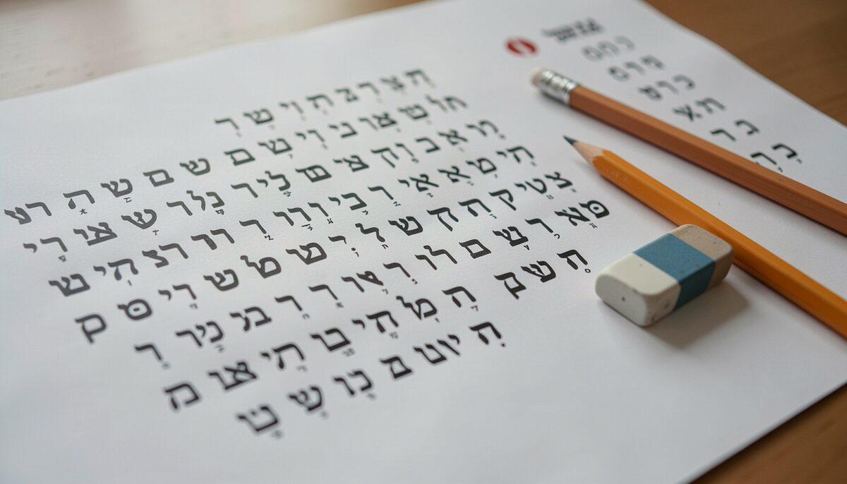 Close view of Hebrew alphabet chart on paper with a pencil and eraser nearby