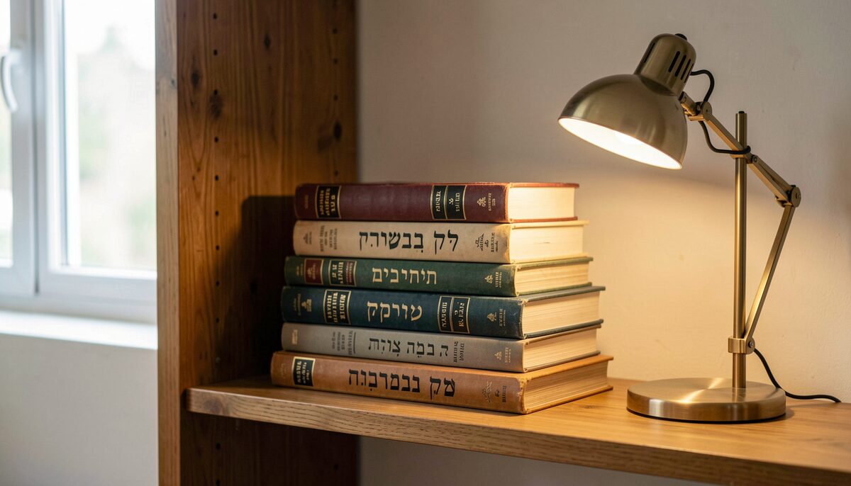 Stack of Hebrew books on a wooden shelf with a reading lamp switched on