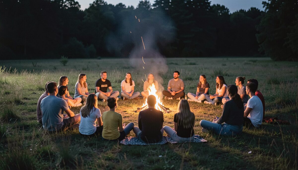 Small bonfire in a grassy field at night with people seated in a circle at a distance