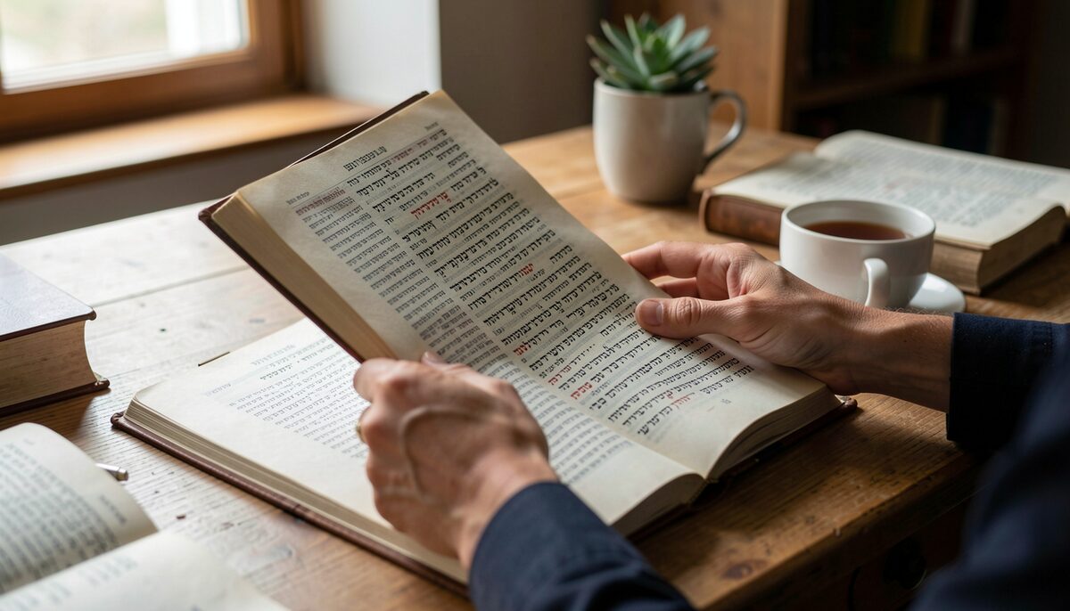 Hands turning pages of a Hebrew commentary book at a study desk with a cup of tea