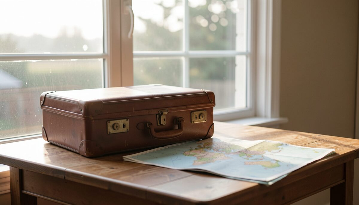 Suitcase and map on a table beside a window with morning light