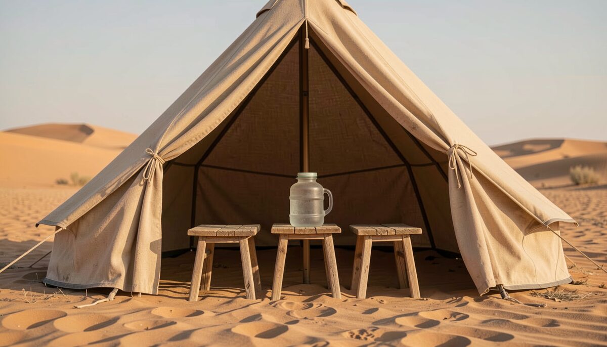 Desert tent entrance with three simple stools and a water jug in warm afternoon light
