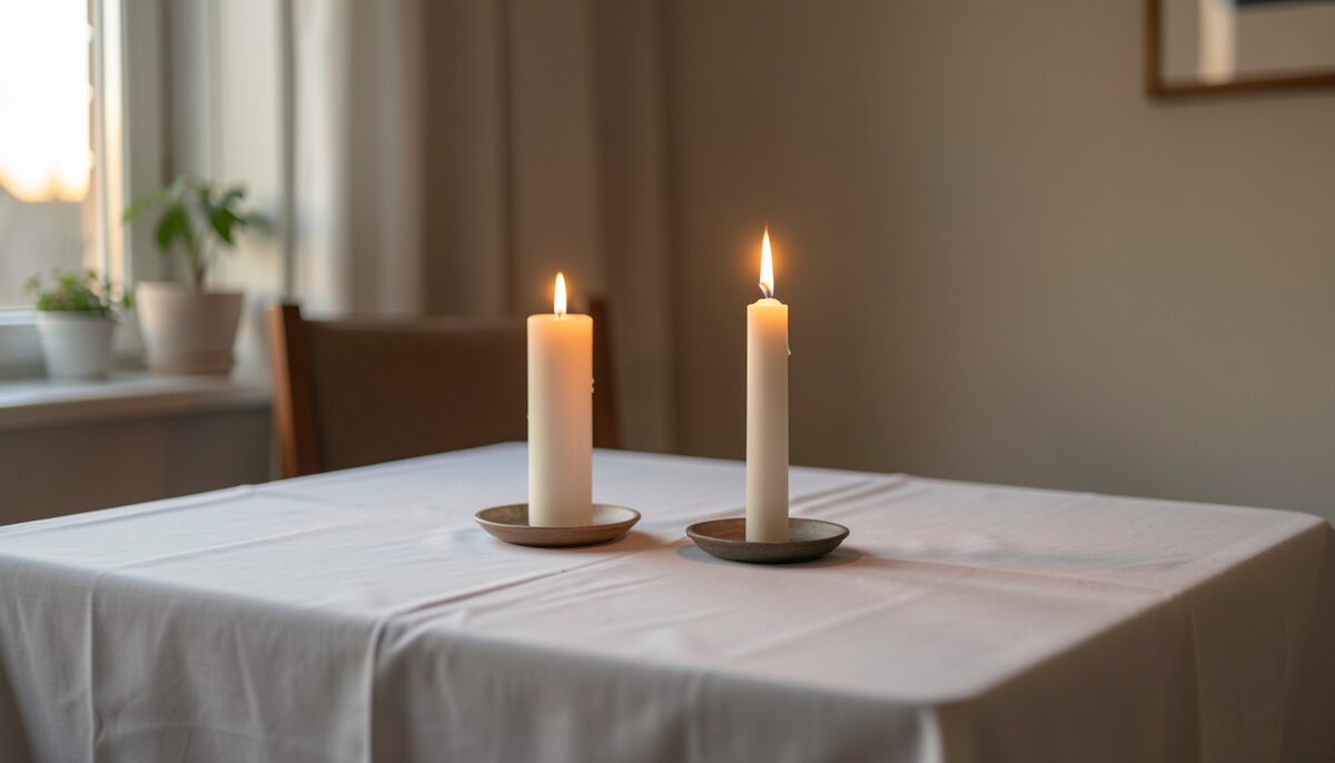 White cloth on a table with two candles lit before sunset in a quiet room